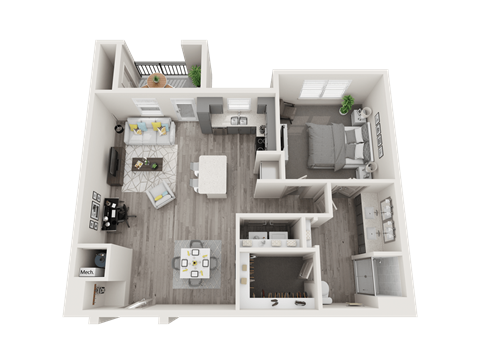 Floor plan for 1 bed, 1 bath, 896 sqft